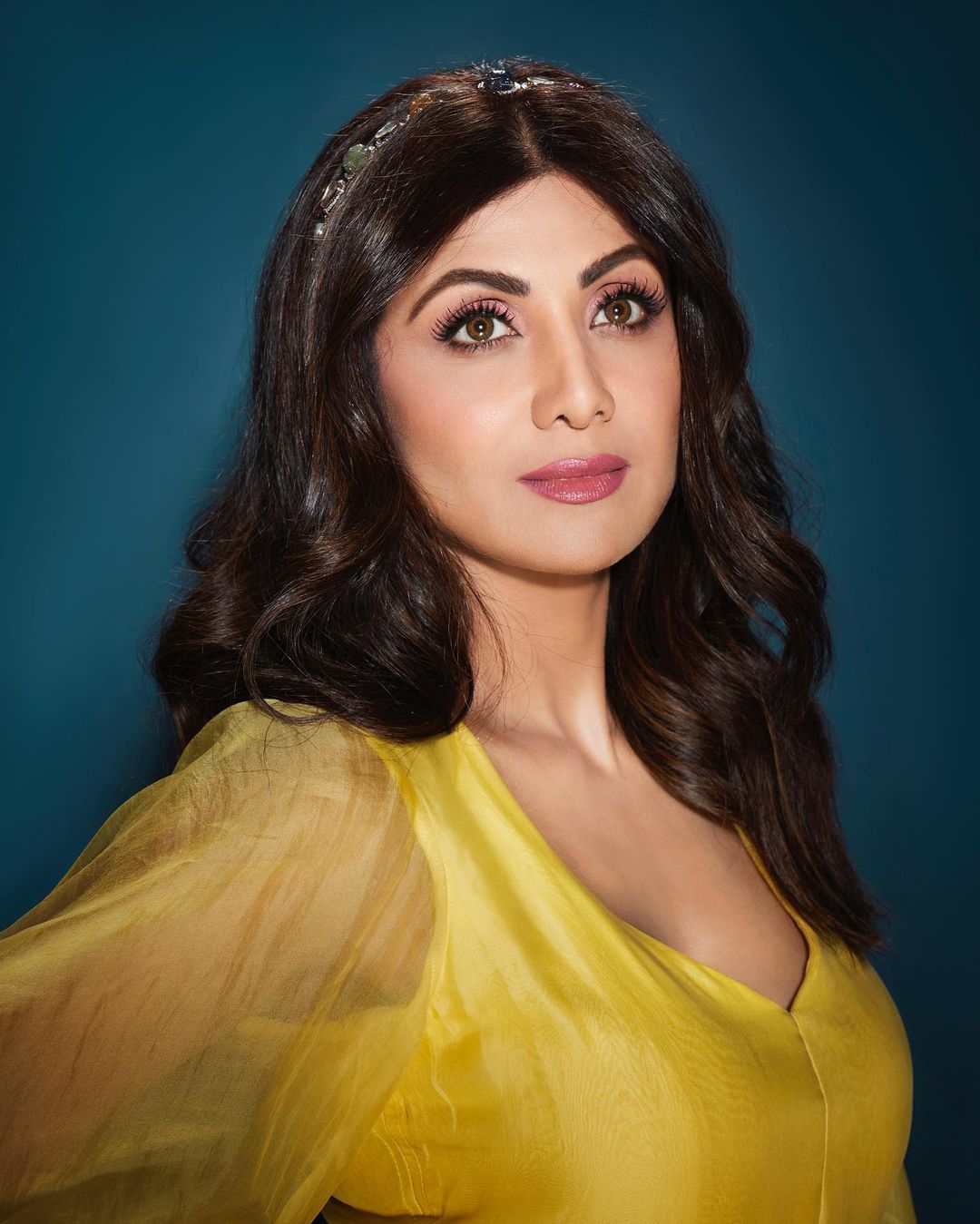 North Indian Actress Shilpa Shetty in Yellow Gown